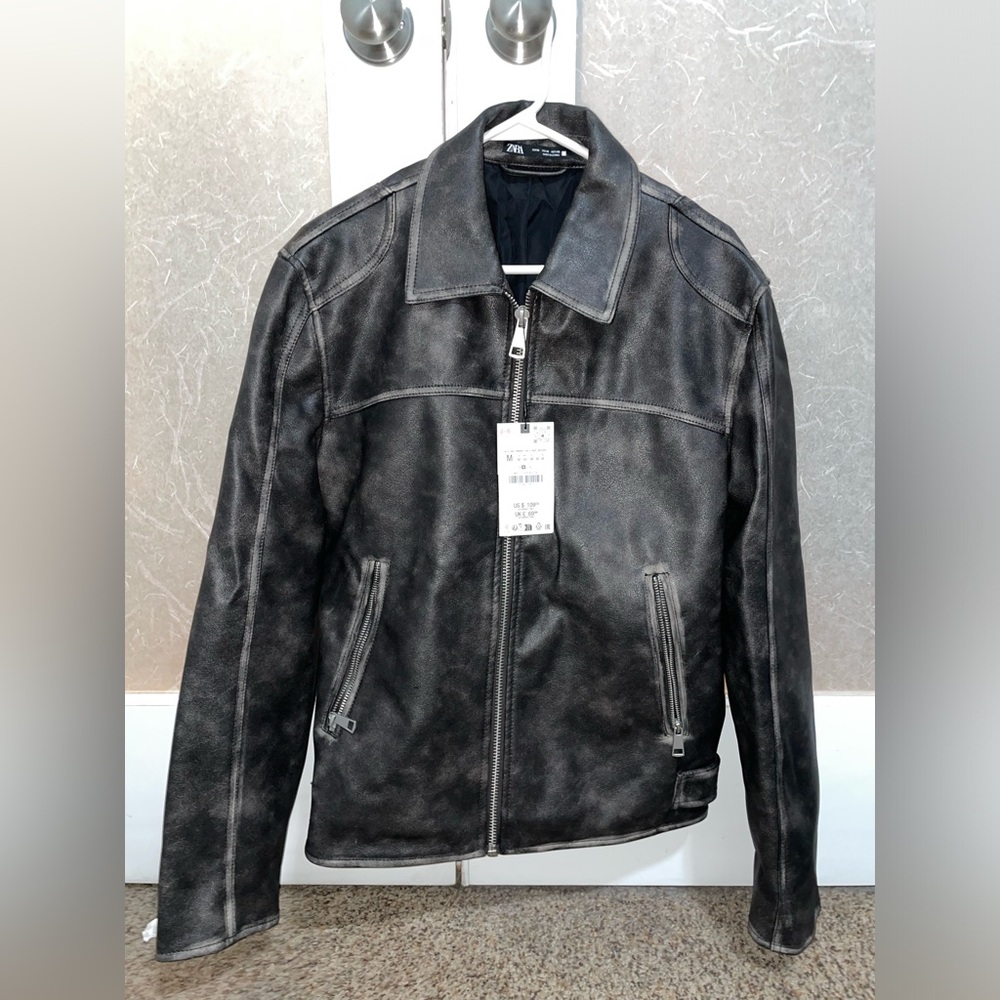 Mens brand new Zara washed black faux leather jacket in medium